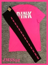 Victoria's Secret Pink Campus SS Tee Shirt  Leggings Set Neon Pink Black L XL