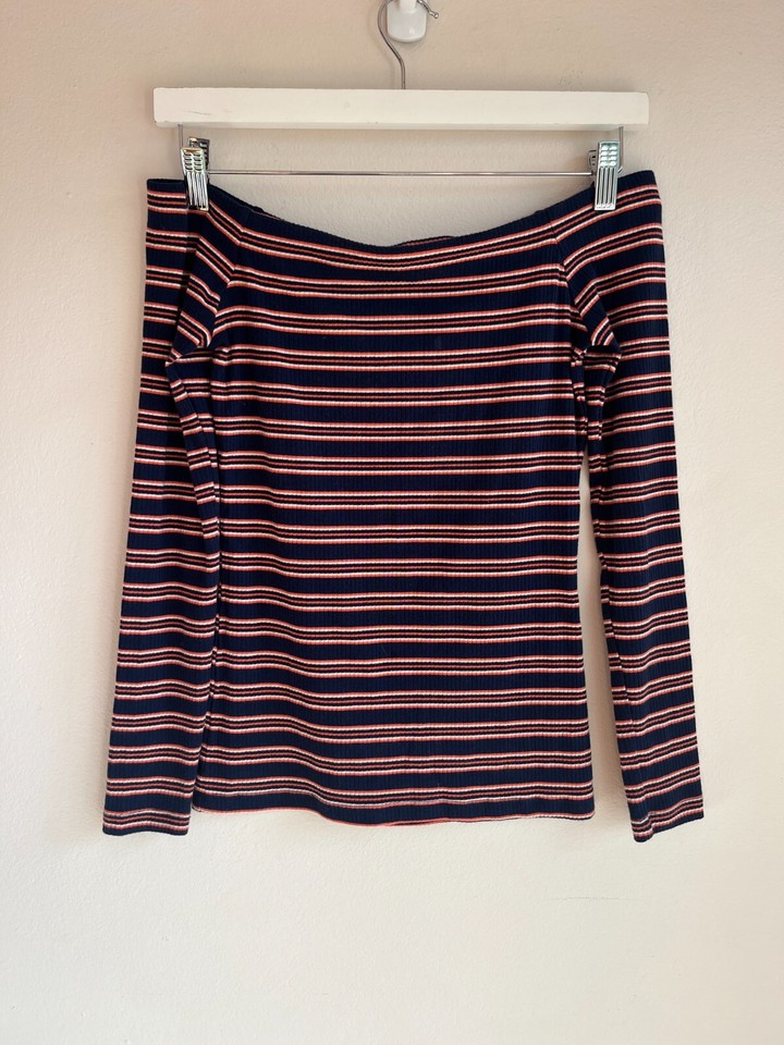 SPORTSGIRL Navy Orange Stripe Off Shoulder Top Size XS