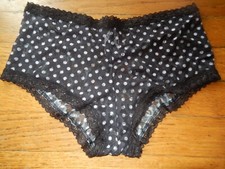 WOMEN'S BLACK FISHNET/MESH PANTIES W/WHITE POLKA DOTS AND BLACK LACE TRIM; XS/S