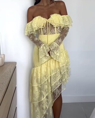 Majorelle Maddalena Revolve Yellow Lace Ruffled Asymmetric Gown Dress S |  eBay