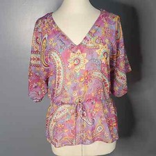 CHAPS Purple Paisley Semi-Sheer Boho Tunic Cover-up Cinch Waist sz M