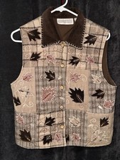 Vintage 90's Dressbarn Vest Plaid Leaf Embroidery Size Medium
