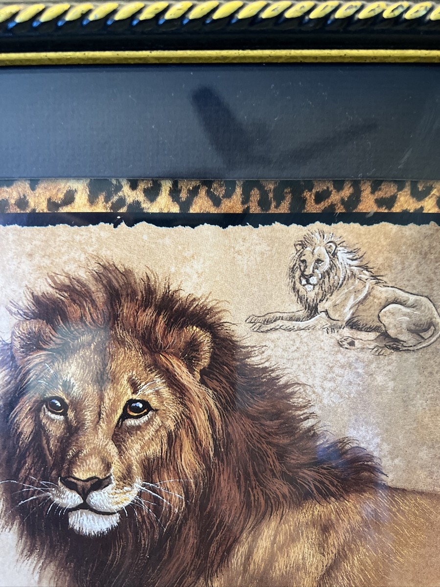 J Gibson Signed Home Interiors Africa Safari Lion Print Wood Frame
