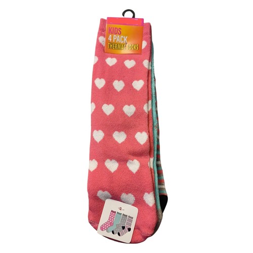 Kids Infant Girls 4 Pack Size 6-8.5 Thermal Socks Pink Grey Striped Heart - Picture 2 of 6