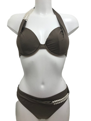 Bip-Bip Bikini taupe 16 für D Cups Bügel gepolstert Plunge mit Perlen UVP 130£