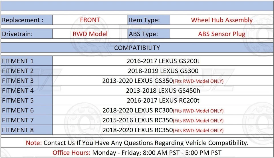 [FRONT(Qty.2)] 513370 New Wheel Hub Assembly for 2018-2019 Lexus GS300 RWD-Model — 第 2/4 张图片