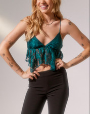 URBAN OUTFITTERS DARK GREEN TABATHA ALLOVER LACE BABYDOLL CAMI TOP Sz M