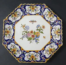 c.19th - Antique French Rouen Desvres Fourmaintraux Decor Octagonal Plate 