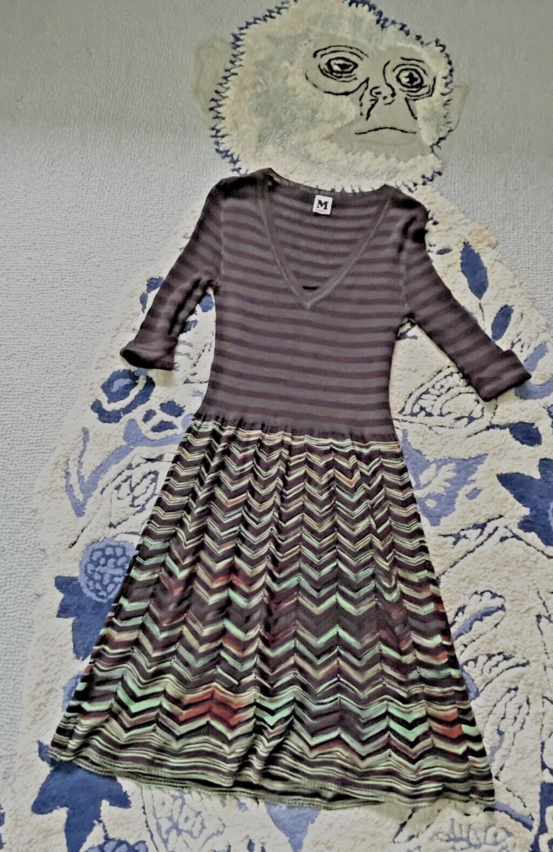 M Missoni Purple/Green Stripe/Chevron Silk Blend Knit V Neck