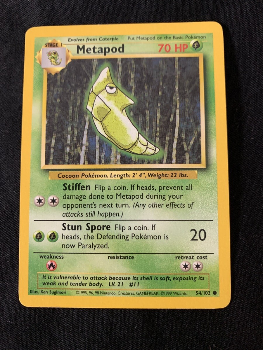 1995 metapod pokemon card value 54/102 Base Set Stage 1 Common 1999 An individual card from the Pokmon trading and collectible card game (TCG/CCG) 1995 Pokmon Metapod 54/102 Collector