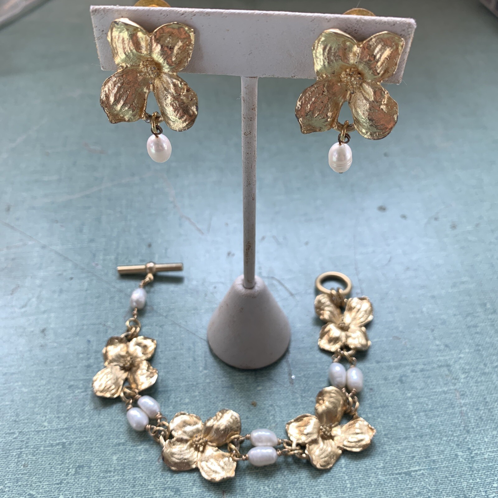 Vtg Celia Landman Pansy Fresh Water Pearl Art Nouveau Style Bracelet & Earrings