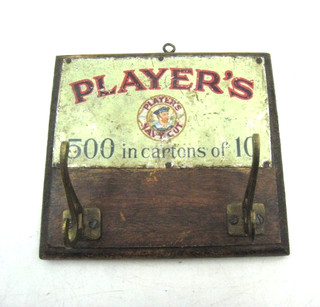 Vintage Player's Cigarettes Small Mounted Enamel Advertising Sign and Key Hooks