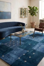 Hand Tufted Wool Area Rug, Navy Blue Geometric Patchwork, Modern Living Room