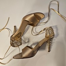 Rene Caovilla rare champagne satin sandals, gold spiral heel, IT38 New with box