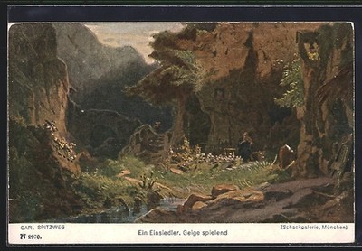 Artist postcard Carl Spitzweg: a hermit playing his violin 