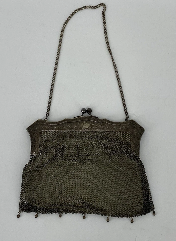 "Antiguo bolso de noche victoriano Art Deco de malla chapada en plata alemana de 1920 7 1/2"x6""" Foto 3 de 4