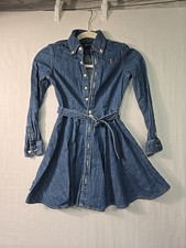 Polo Ralph Lauren Denim Long Sleeve Belted Dress Pockets Girls 7 Pony Button