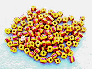 ANTIQUE 95 PCS  TUBE SHAPE  YELLOW GLASS BEADS W/ RED &  STRIPES