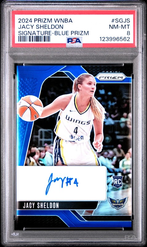 2024 Panini Prizm WNBA Jacy Sheldon RC Auto Blue /75 PSA 8