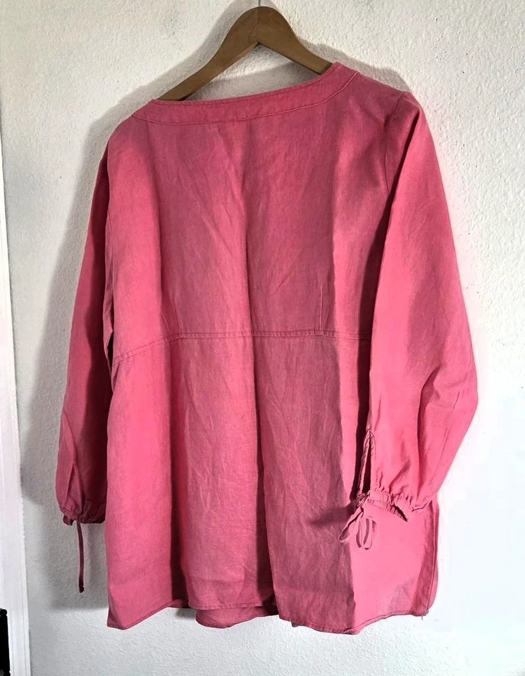 Lo último Camisa túnica rosa de algodón para mujer de lino manga larga cuello llave talla XL Foto 2 de 4