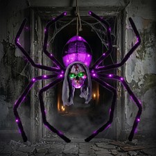 52" Halloween Giant Skull Face Spider,Lighted Outdoor Decoration with Flashing R