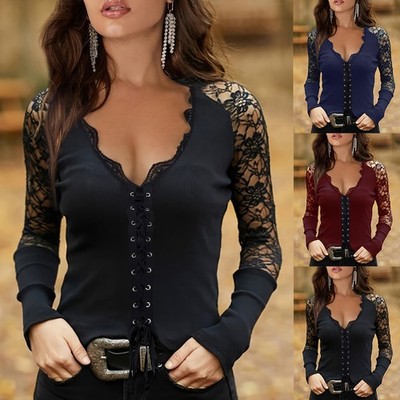 Damen Sexy Spitze T-Shirt Langarm Tunika Gothic V-Neck Bluse Oberteile Slim Tops