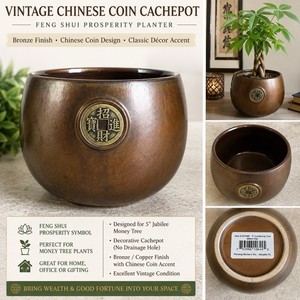 Vintage Chinese Feng Shui Coin Cachepot Planter, Bronze Metal Finish, Round
