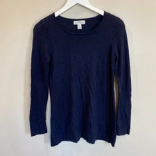 Kenar 100% Merino Wool Solid Navy Blue Long Sleeve Top Womens Medium Button Back
