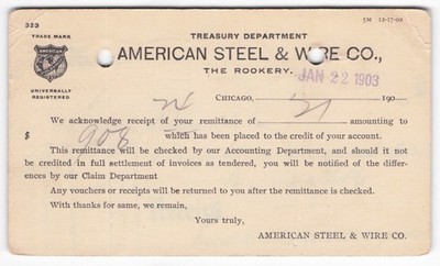 1903 McKinley Postal Card American Steel & Wire Co. Chicago Receipt