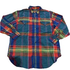 Vintage Ralph Lauren Country Pearl Snap Western Plaid Colorful Flannel Shirt L