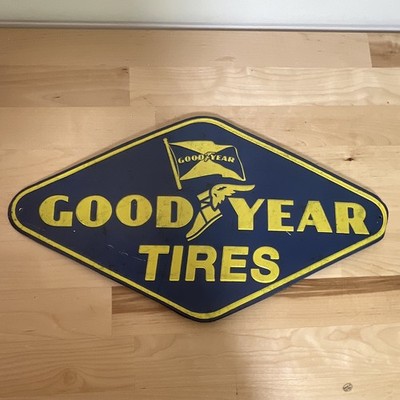1950 Goodyear Tires Licensed Metal Advertising Sign, Blue & Yellow, Tire Theme 