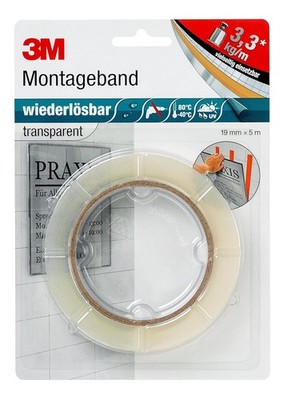3M Montageband Doppelseitig Transparent 1er Pack 19mm 5m Klebeband Innen Außen