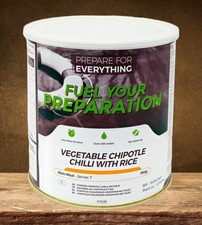 Freeze Dried Tin Vegetable Chilli with Rice. UK. Fuel Your Preperation. BBE 2050