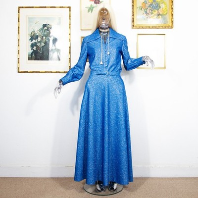 Vintage 70er Jahre blau Lurex dreiteiliges Set Disco Metallic Rock Shirt Top Gr. SMA