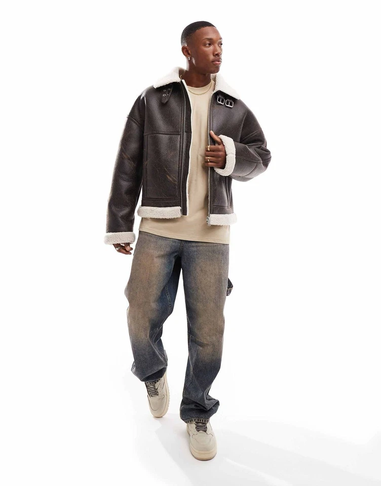 Hombres Aviador Marrón RAF B3 Piloto Volador Bombardero Piel de Oveja Chaqueta de Cuero Real Foto 4 de 4