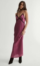 Nasty Gal Satin Ribbon Lace Trim Maxi Slip Dress Wine UK 6