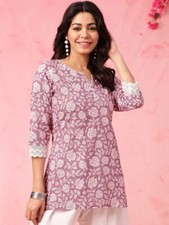Women Ethnic Motifs Printed Pure Cotton Straight Short Pink Kurti