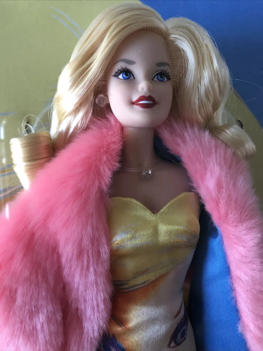 Gold Label Artist Andy Warhol Barbie Doll With Faux Fur Stole Earrings  Necklace