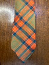 Vintage MCM Tie Necktie Orange Blue  Green Tartan Plaid 50 Acrylic  50 Rayon