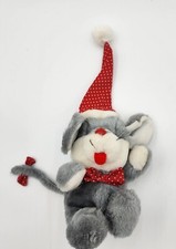 Vintage 1990 Christmas Dressed MOUSE-Gray/White,Santa Hat,Bow Tie 8" Plush