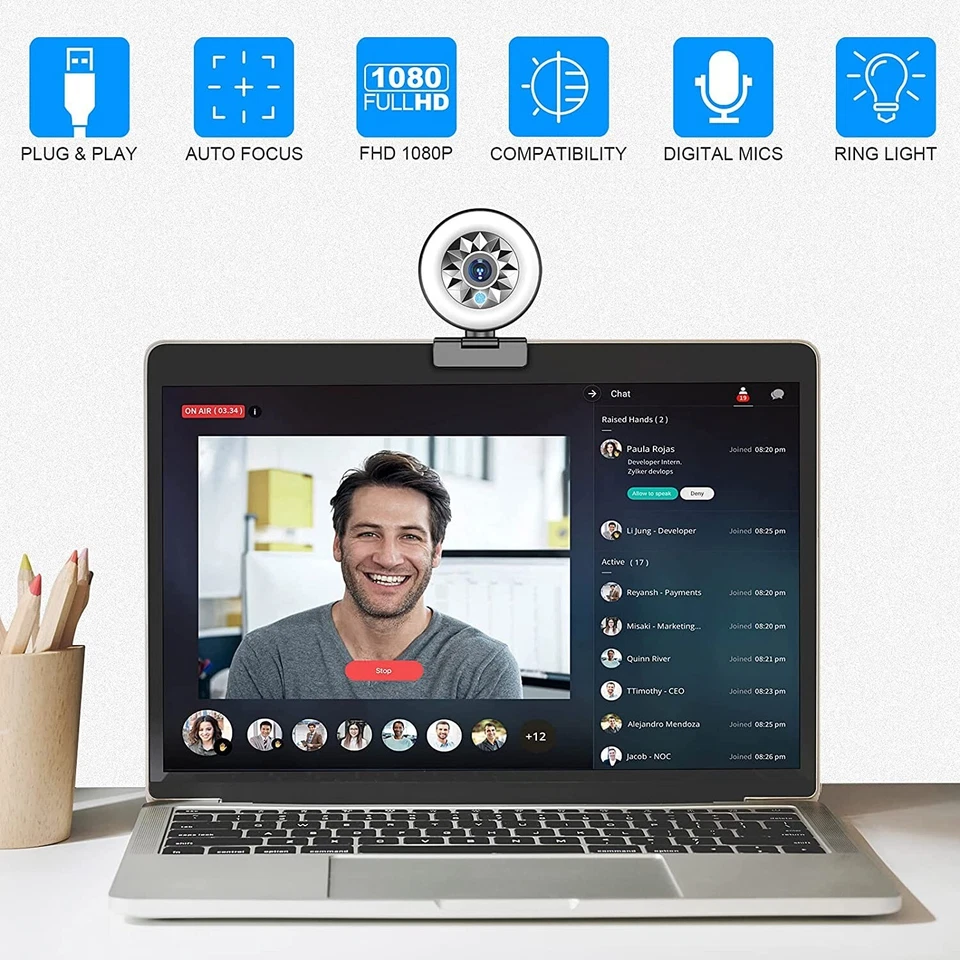 Cámara web 1080P con micrófono trípode cámara web anillo luz enfoque automático nuevo Foto 3 de 4