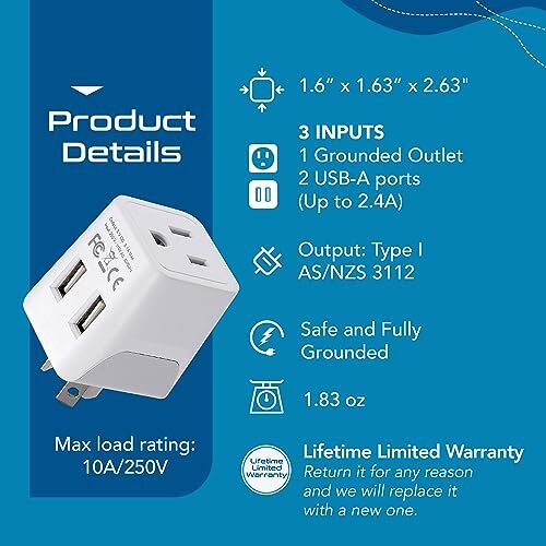 Australia, New Zealand, China Travel Adapter Plug with Dual USB Input