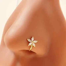 Rhinestone Flower Fake Nose Ring Non-Piercing Sexy Clip on Golden Toned