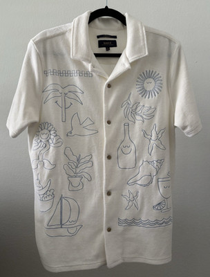Roark Men's Embroidered White Terry Gonzo Grotto Short Sleeve Button-Up Shirt S