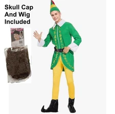 Adult Elf Costume Set Green Jacket Yellow Pants Hat Wig Cap Holiday Outfit L