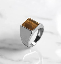 Men&rsquo;s Tiger Eye Ring 925 Sterling Silver Baguette Signet Ring Handmade