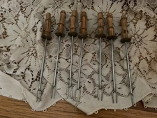 Vintage Unique Set of 7 Bamboo/Brass Handle Skewer Forks Fondue 8.5in L