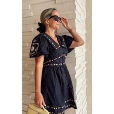 Caroline Constas Black Embroidered Floral Puff Sleeve Mini Dress NWT Size 6