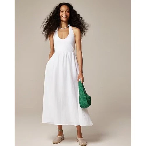 knee length dresses for ladies J.Crew Button-Down Maxi Dress White/Blue Striped Cotton Poplin Size 6 –  Celebrity Owned main image 1