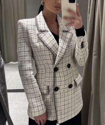 ZARA WOMAN SS23 ECRU/BLACK TEXTURED DOUBLE-BREASTED BLAZER SIZE XS 8274/113